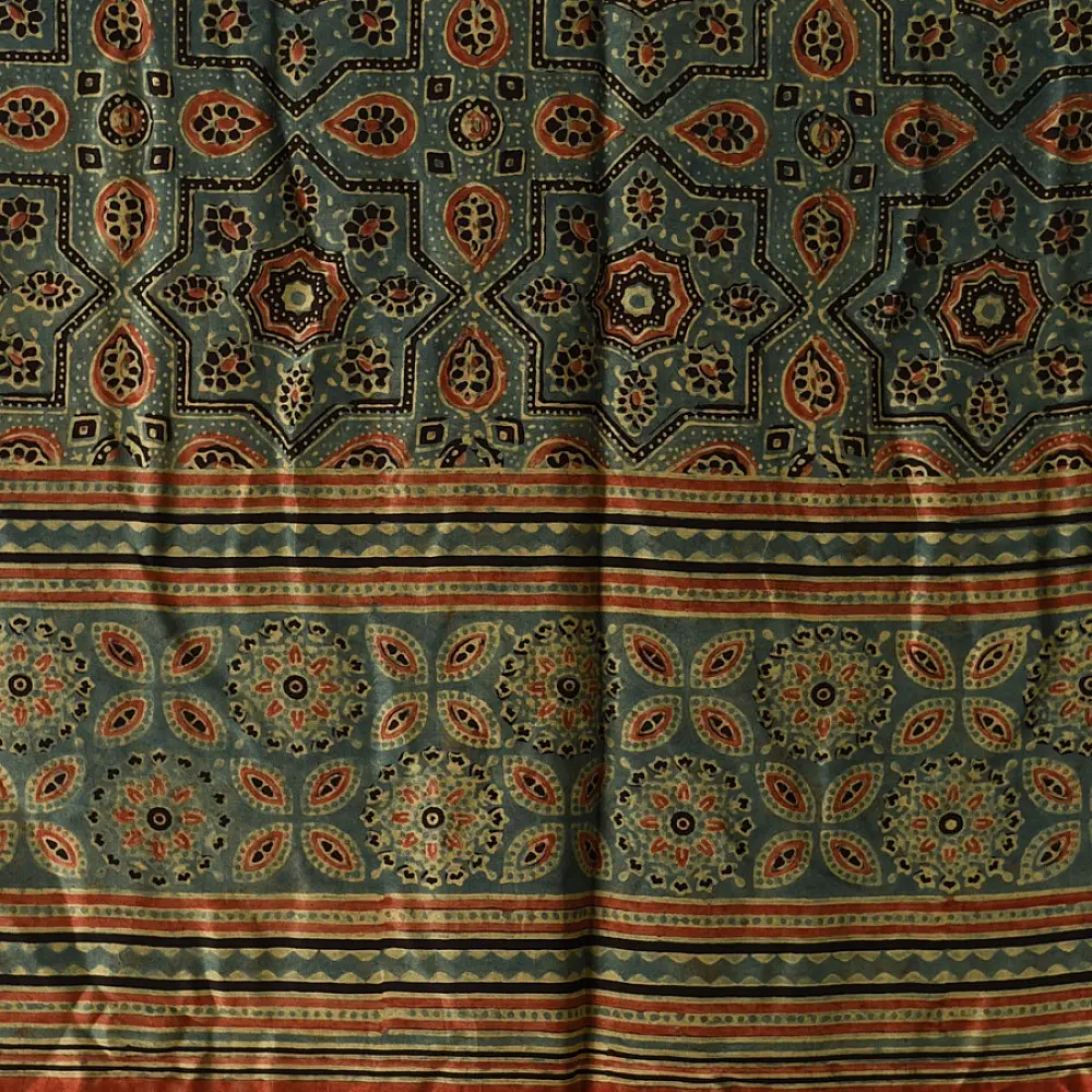 mulberry silk ajrakh dupatta olive green teal blue geometric star clover jaal block print heavy red black border hand block printed natural dyed silk dupatta