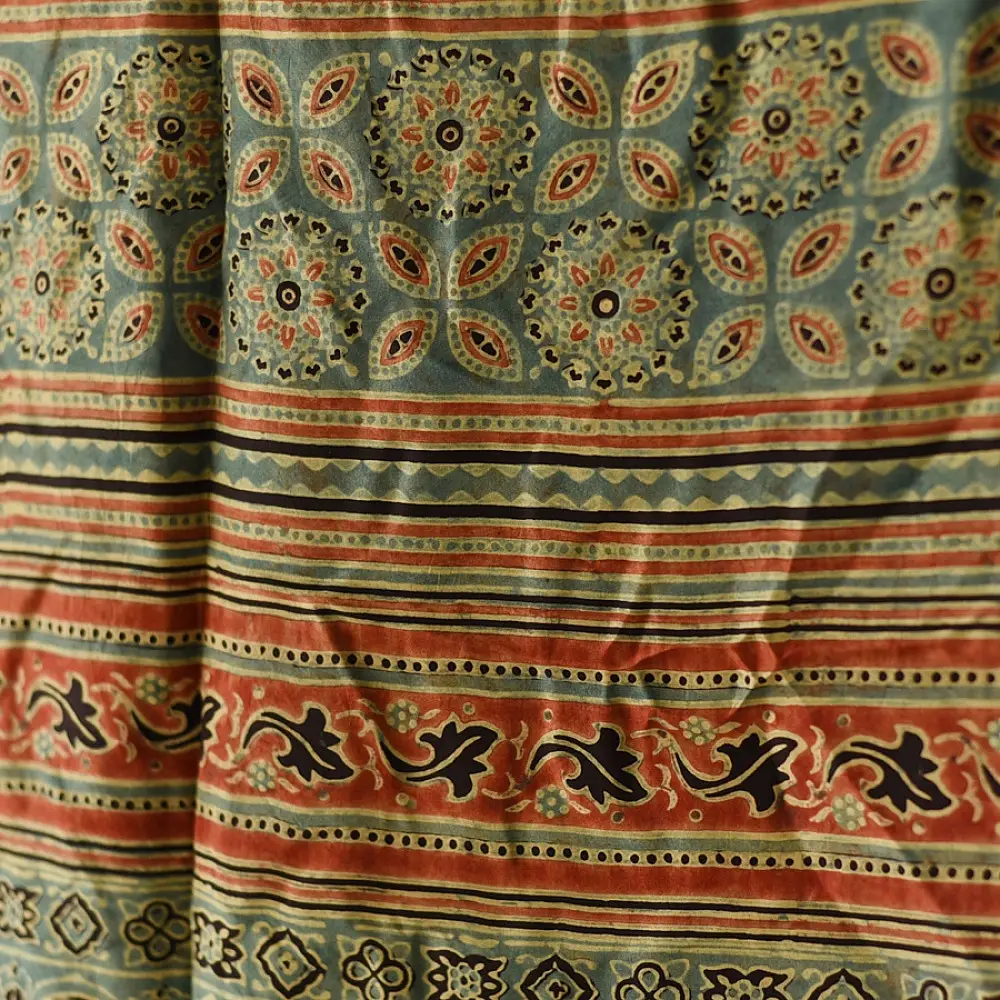 mulberry silk ajrakh dupatta olive green teal blue geometric star clover jaal block print heavy red black border hand block printed natural dyed silk dupatta