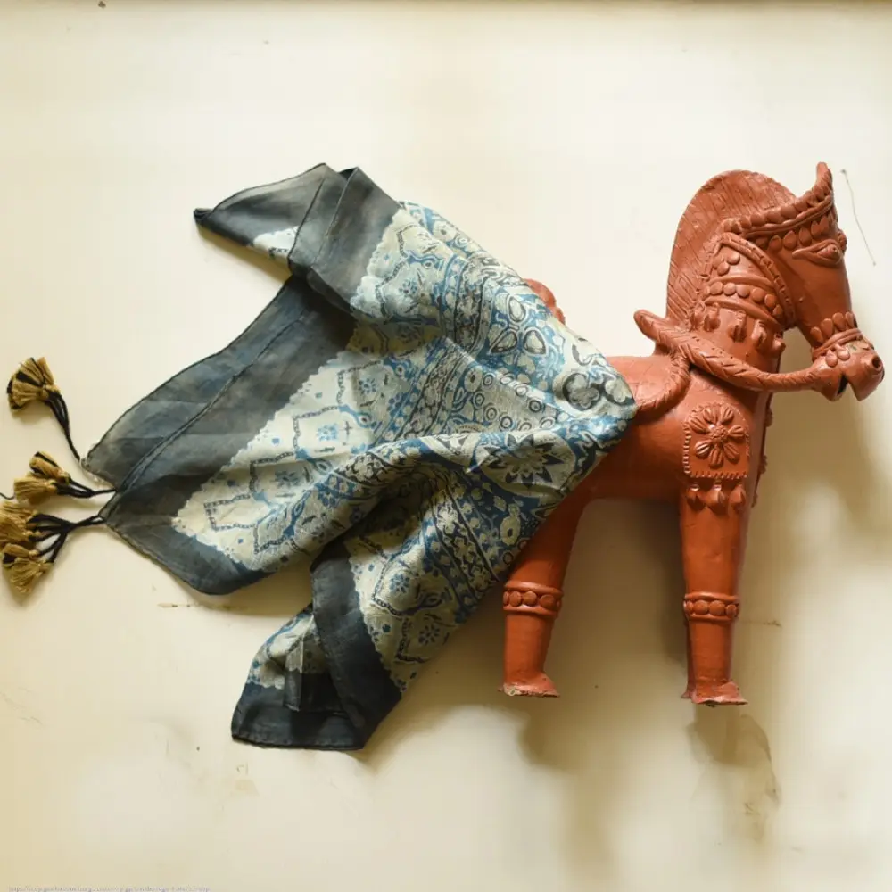 teal indigo ajrakh cotton square scarf clover floral clover block print geometric circular jaal hand block printed natural dyed scarf tassels