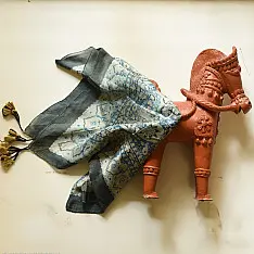 Neelanjana . नीलांजना ~ Square Ajrakh Silk Scarf - Sky Blue