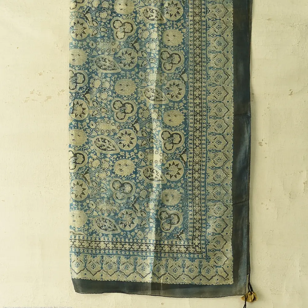 teal indigo ajrakh cotton square scarf clover floral clover block print geometric circular jaal hand block printed natural dyed scarf tassels