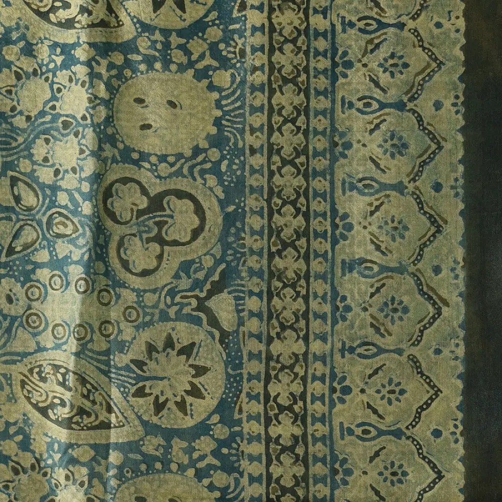teal indigo ajrakh cotton square scarf clover floral clover block print geometric circular jaal hand block printed natural dyed scarf tassels