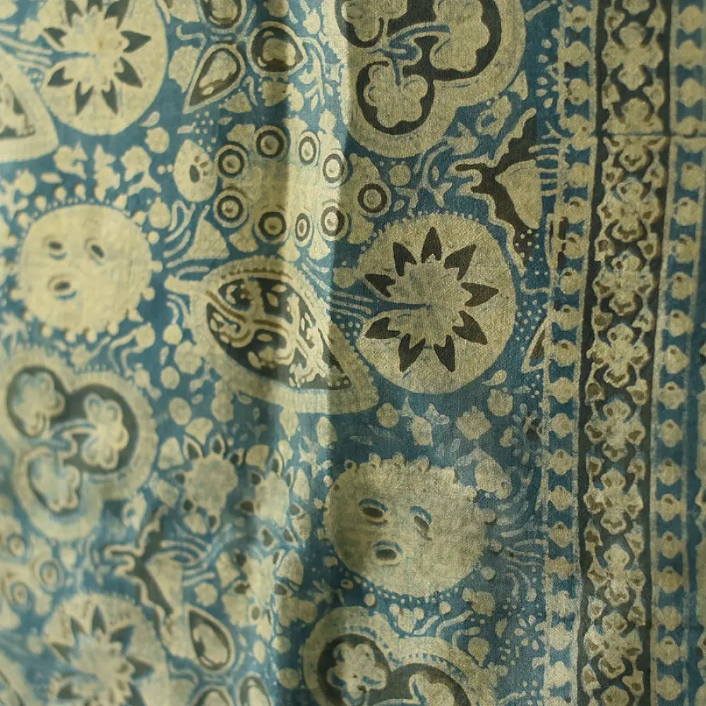 teal indigo ajrakh cotton square scarf clover floral clover block print geometric circular jaal hand block printed natural dyed scarf tassels