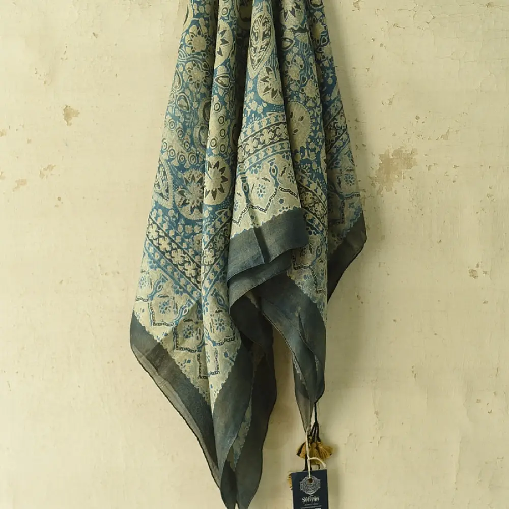 teal indigo ajrakh cotton square scarf clover floral clover block print geometric circular jaal hand block printed natural dyed scarf tassels