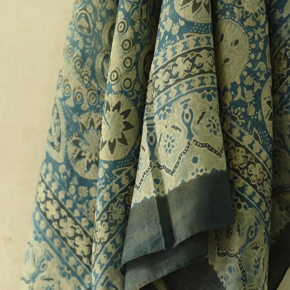 teal indigo ajrakh cotton square scarf clover floral clover block print geometric circular jaal hand block printed natural dyed scarf tassels