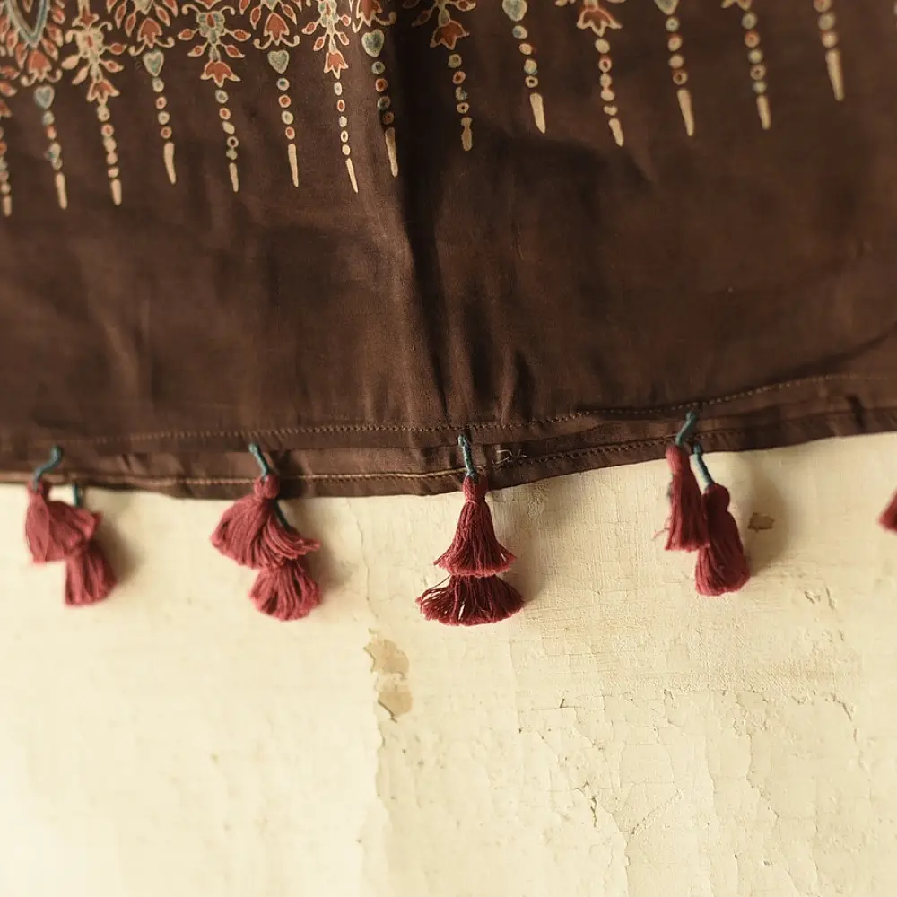 chocolate brown indigo madder red ajrakh modal silk dupatta hand block printed floral vine jaal body ornate geometric lozenge pallu traditional mihrab arched detail wedding festive wear sustainable luxury natural dyed with tassels