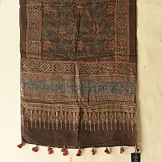 Anagi | Natural Dyed Ajrakh - Modal Silk Brown Stole With Flower Motif