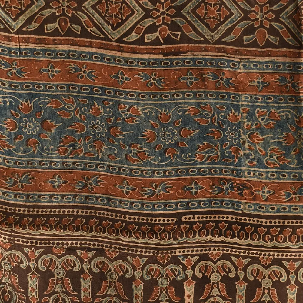 chocolate brown indigo madder red ajrakh modal silk dupatta hand block printed floral vine jaal body ornate geometric lozenge pallu traditional mihrab arched detail wedding festive wear sustainable luxury natural dyed with tassels