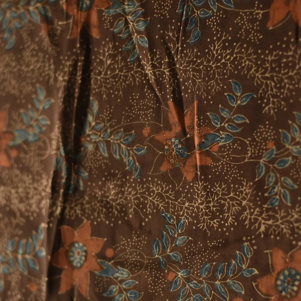 chocolate brown indigo madder red ajrakh modal silk dupatta hand block printed floral vine jaal body ornate geometric lozenge pallu traditional mihrab arched detail wedding festive wear sustainable luxury natural dyed with tassels