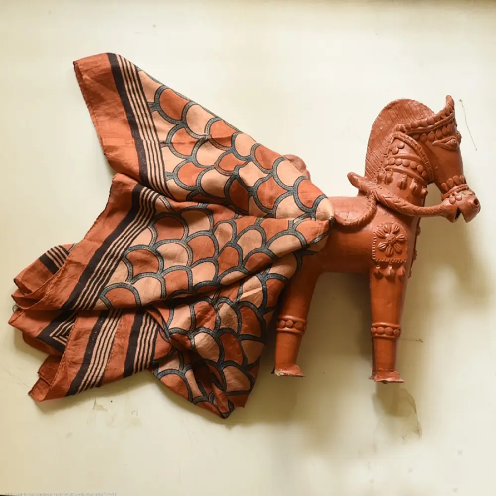 terracotta red ajrakh cotton square scarf black fish scale scallop block print hand block printed natural dyed scarf tassels