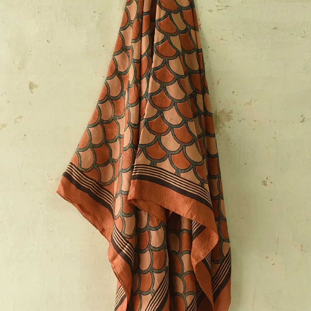 terracotta red ajrakh cotton square scarf black fish scale scallop block print hand block printed natural dyed scarf tassels
