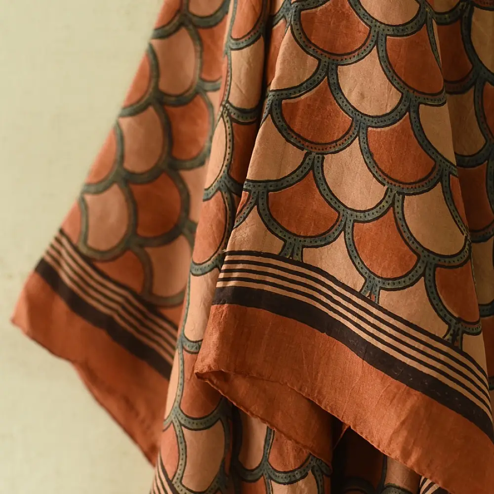 terracotta red ajrakh cotton square scarf black fish scale scallop block print hand block printed natural dyed scarf tassels