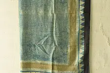 Neelanjana . नीलांजना ~ Square Ajrakh Silk Scarf - Light Blue Strips 