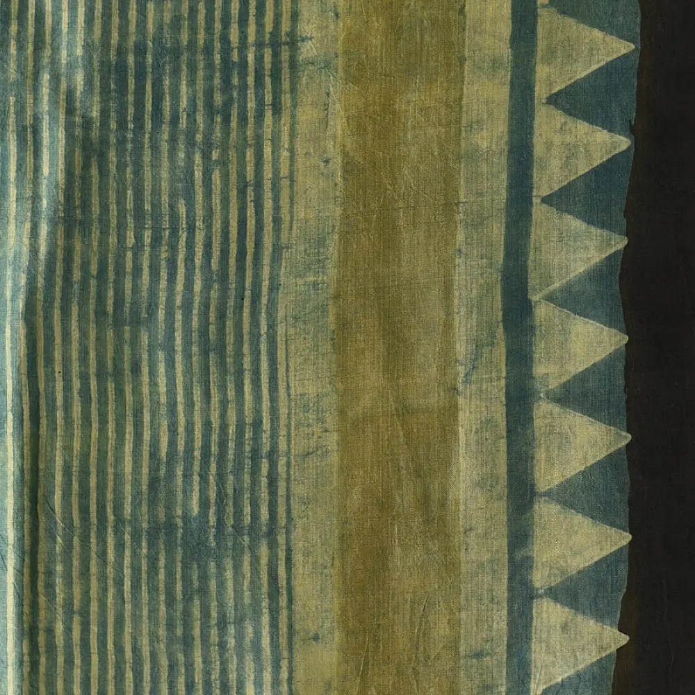 teal indigo ajrakh cotton square scarf vertical striped line block print sawtooth triangle geometric border hand block printed natural dyed scarf tassels