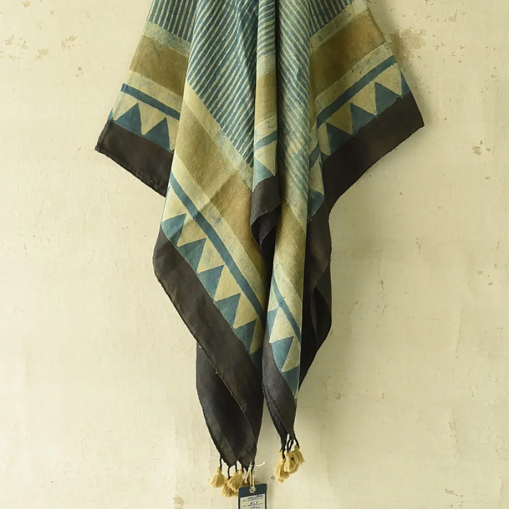 teal indigo ajrakh cotton square scarf vertical striped line block print sawtooth triangle geometric border hand block printed natural dyed scarf tassels