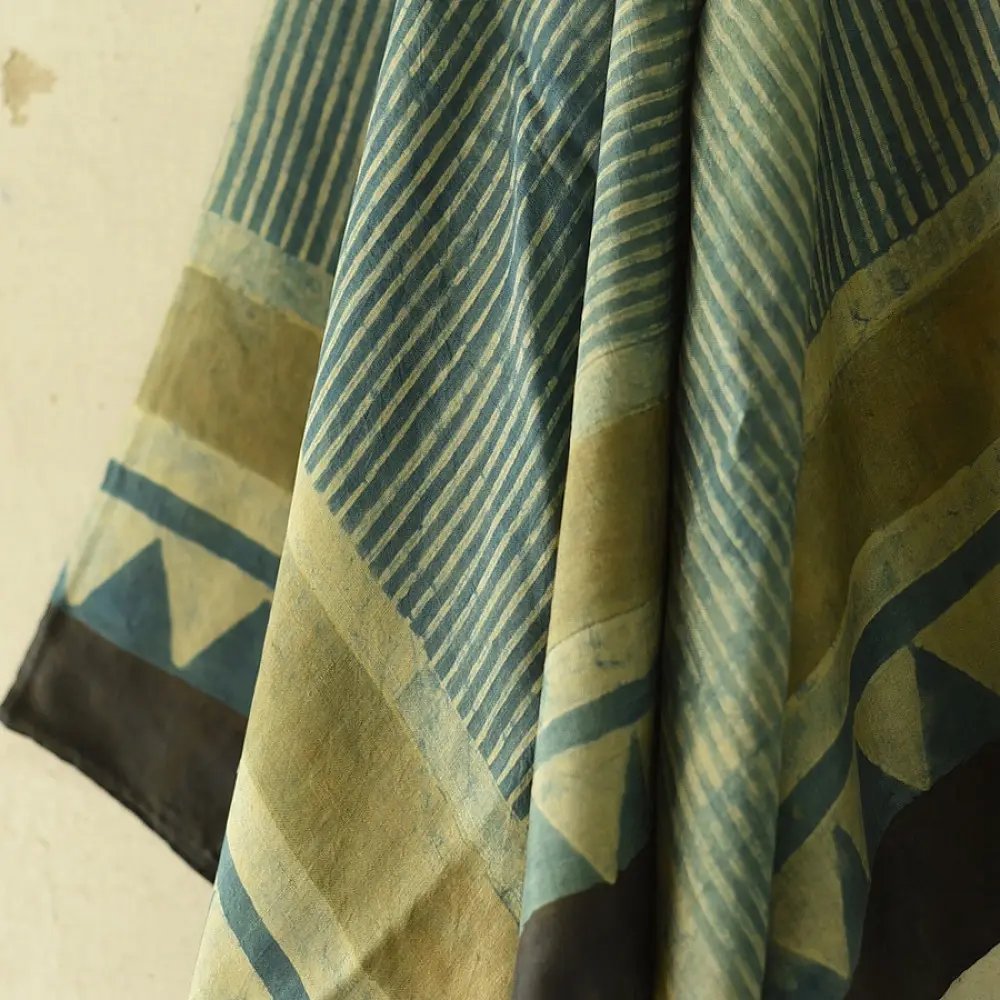 teal indigo ajrakh cotton square scarf vertical striped line block print sawtooth triangle geometric border hand block printed natural dyed scarf tassels