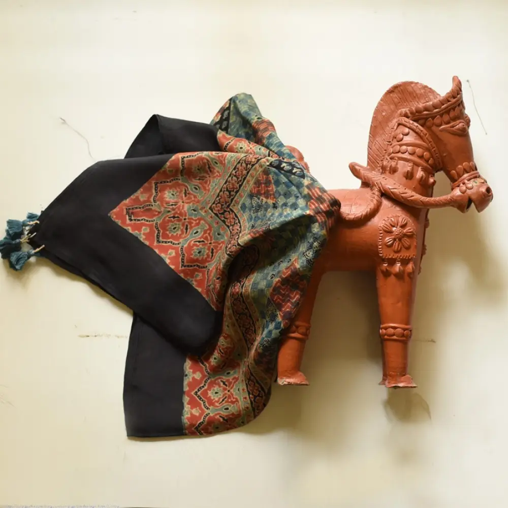 black ajrakh cotton square scarf red teal-blue diamond jaal block print red floral border hand block printed natural dyed scarf tassels
