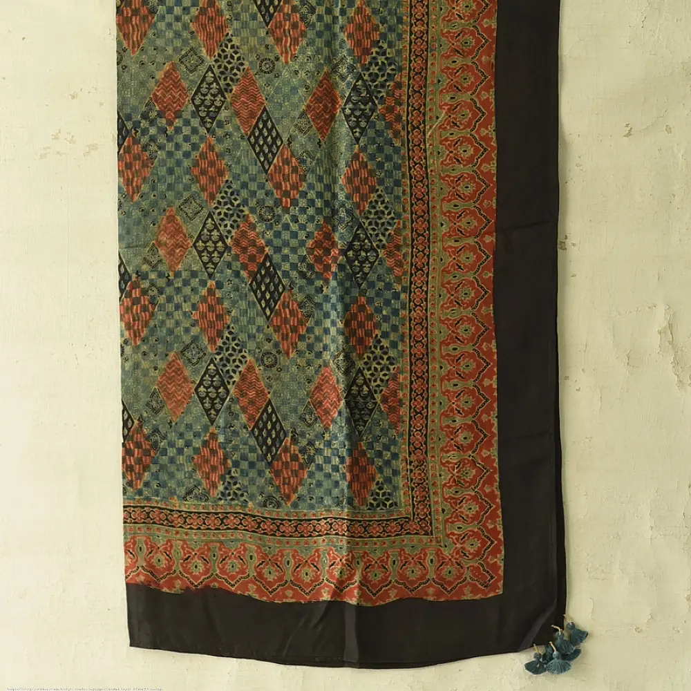 black ajrakh cotton square scarf red teal-blue diamond jaal block print red floral border hand block printed natural dyed scarf tassels