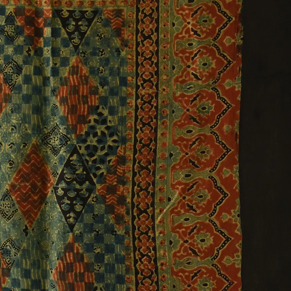 black ajrakh cotton square scarf red teal-blue diamond jaal block print red floral border hand block printed natural dyed scarf tassels