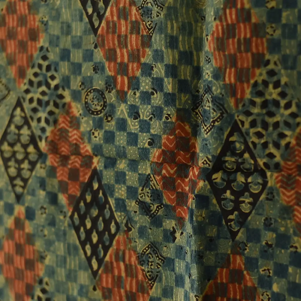 black ajrakh cotton square scarf red teal-blue diamond jaal block print red floral border hand block printed natural dyed scarf tassels