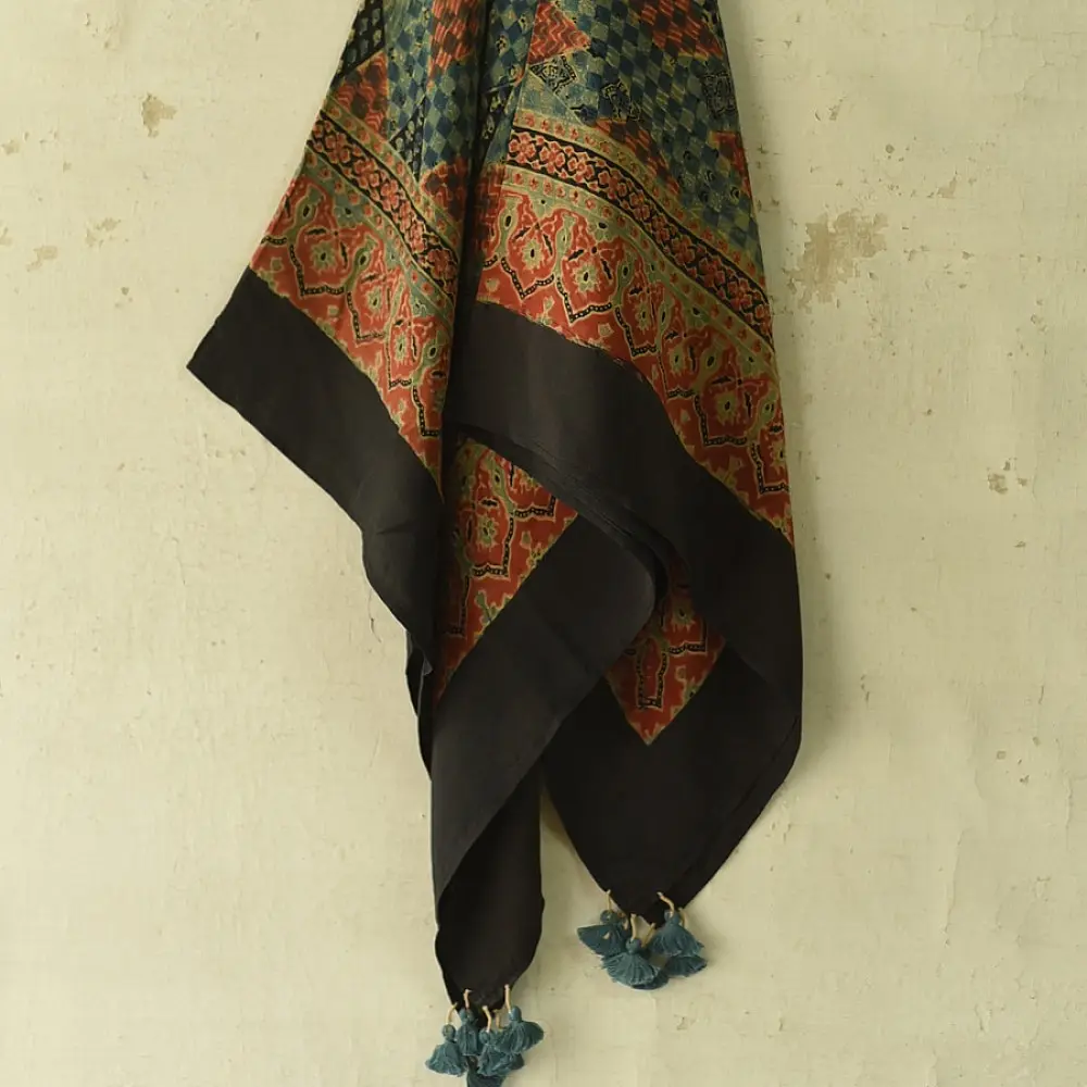 black ajrakh cotton square scarf red teal-blue diamond jaal block print red floral border hand block printed natural dyed scarf tassels