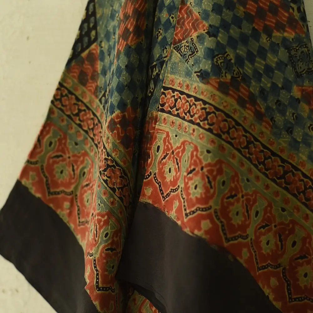 black ajrakh cotton square scarf red teal-blue diamond jaal block print red floral border hand block printed natural dyed scarf tassels