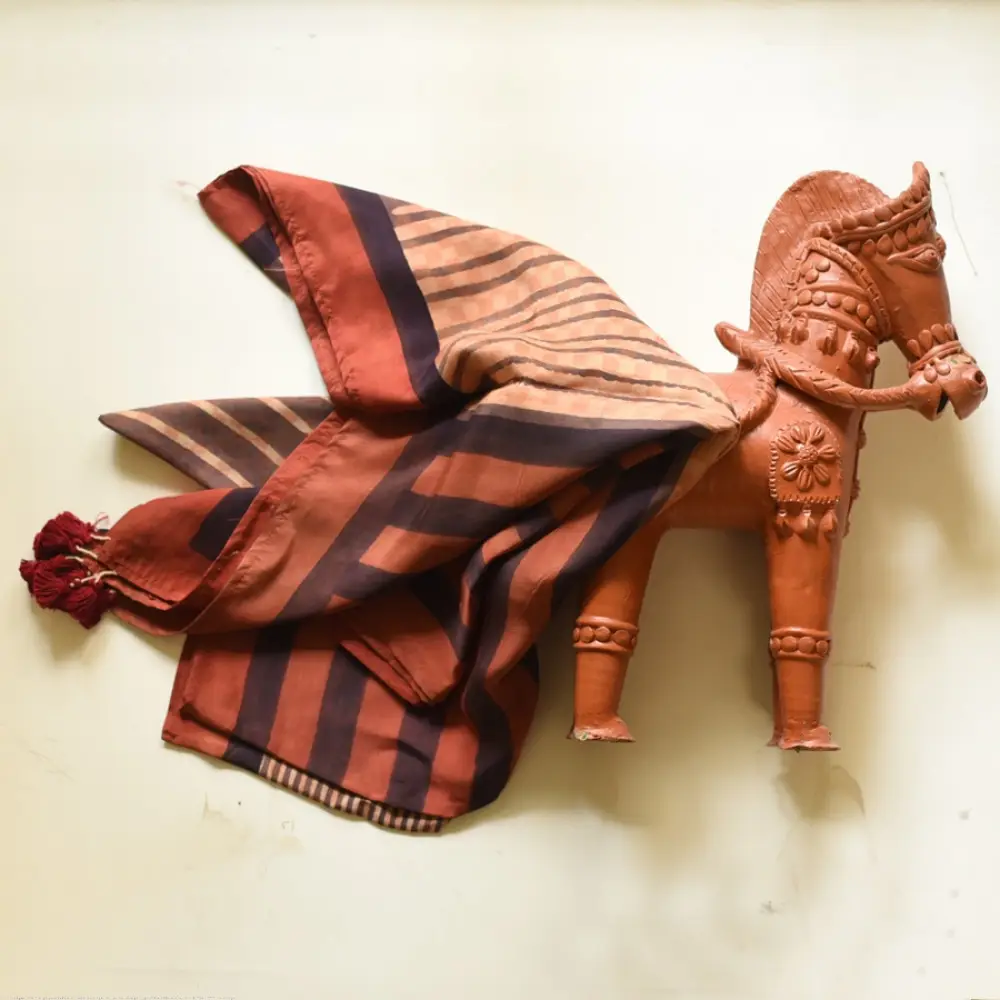 terracotta red brown ajrakh cotton square scarf vertical striped line block print hand block printed natural dyed scarf tassels