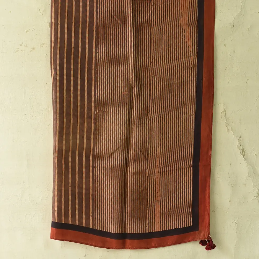 terracotta red brown ajrakh cotton square scarf vertical striped line block print hand block printed natural dyed scarf tassels