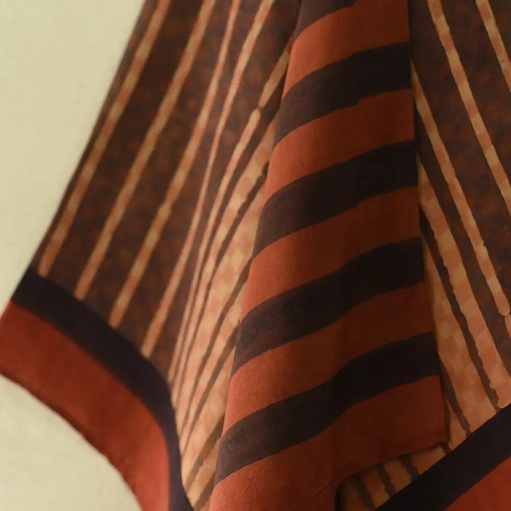 terracotta red brown ajrakh cotton square scarf vertical striped line block print hand block printed natural dyed scarf tassels