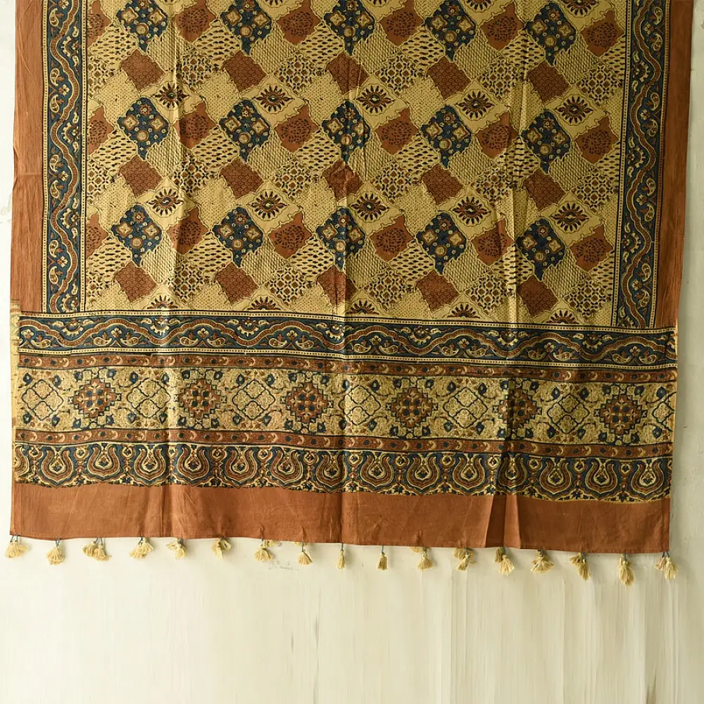 Yellow and orange multi-coloured Ajrakh cotton dupatta with heritage design