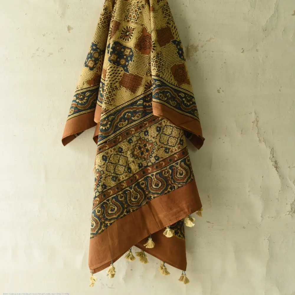 Yellow and orange multi-coloured Ajrakh cotton dupatta with heritage design