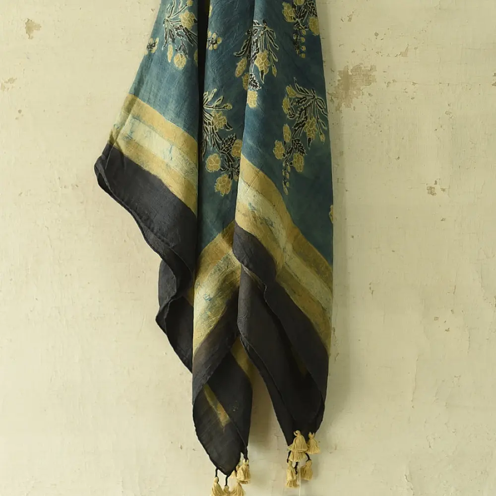 indigo blue ajrakh cotton square scarf red cream floral block print jaal hand block printed natural dyed scarf tassels