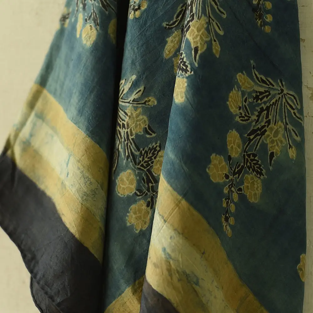 indigo blue ajrakh cotton square scarf red cream floral block print jaal hand block printed natural dyed scarf tassels