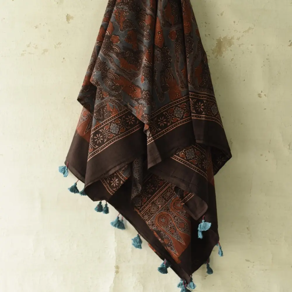 Black and red Ajrakh cotton dupatta with detailed geometric composition