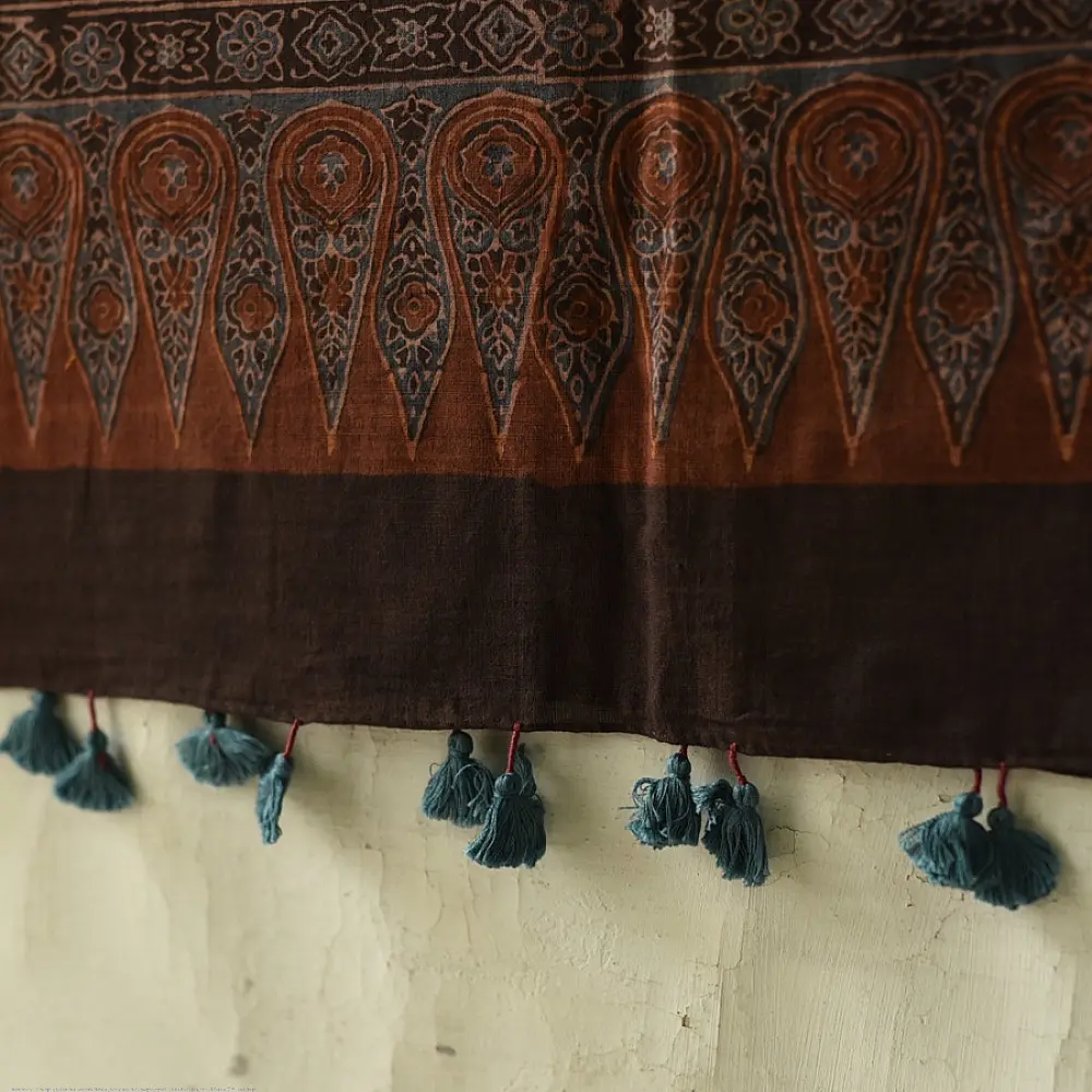 Black and red Ajrakh cotton dupatta with detailed geometric composition
