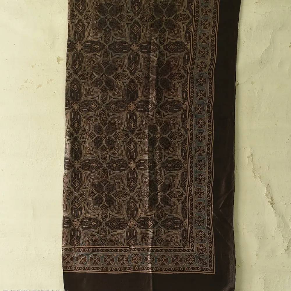deep brown ajrakh cotton square scarf large floral mandala geometric block print hand block printed natural dyed scarf tassels