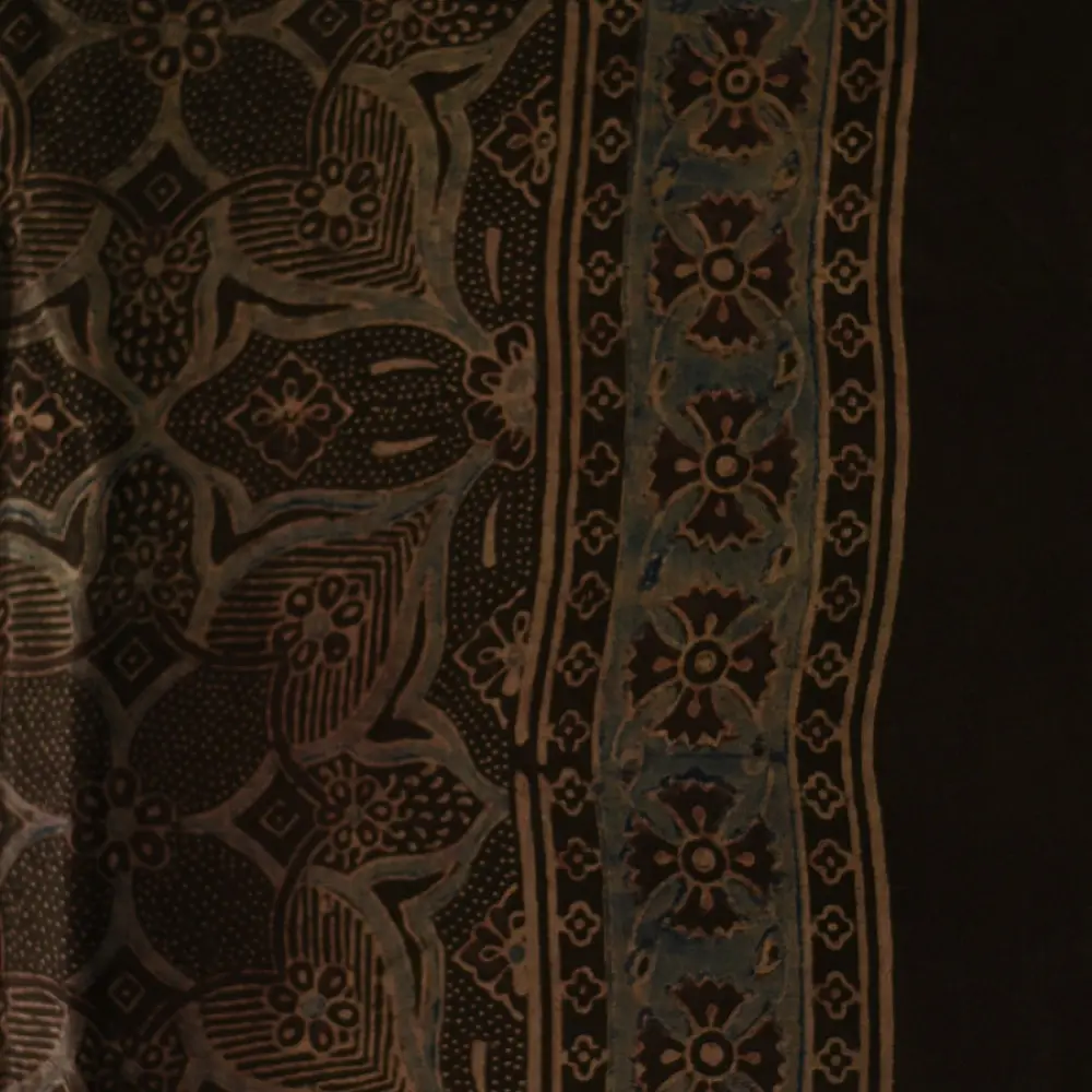 deep brown ajrakh cotton square scarf large floral mandala geometric block print hand block printed natural dyed scarf tassels
