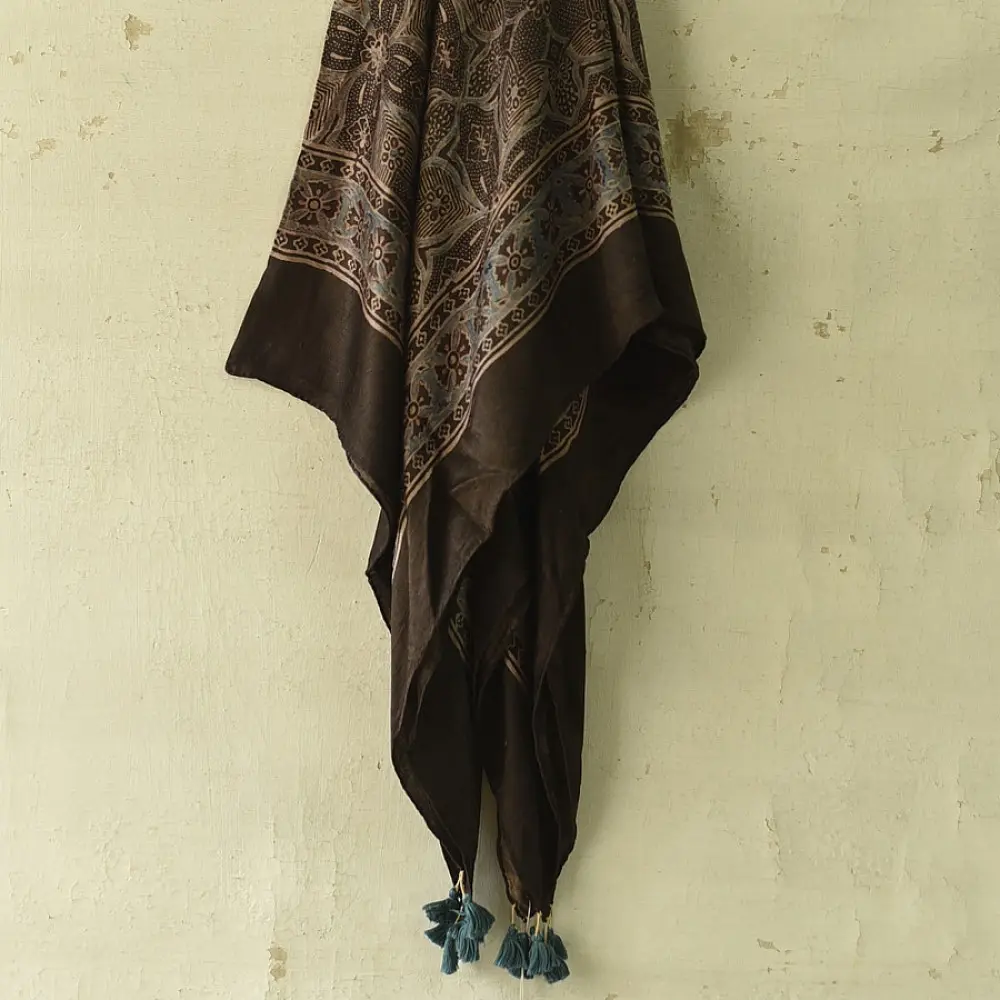 deep brown ajrakh cotton square scarf large floral mandala geometric block print hand block printed natural dyed scarf tassels