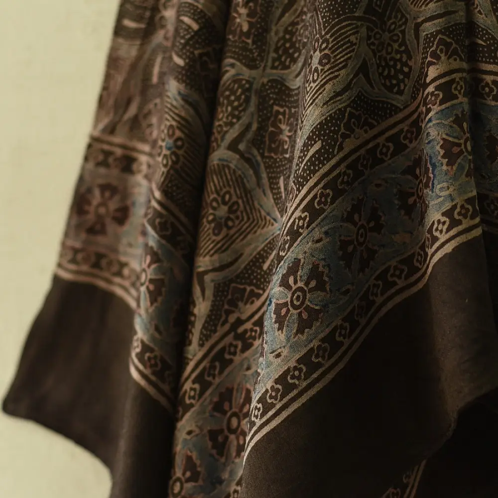 deep brown ajrakh cotton square scarf large floral mandala geometric block print hand block printed natural dyed scarf tassels