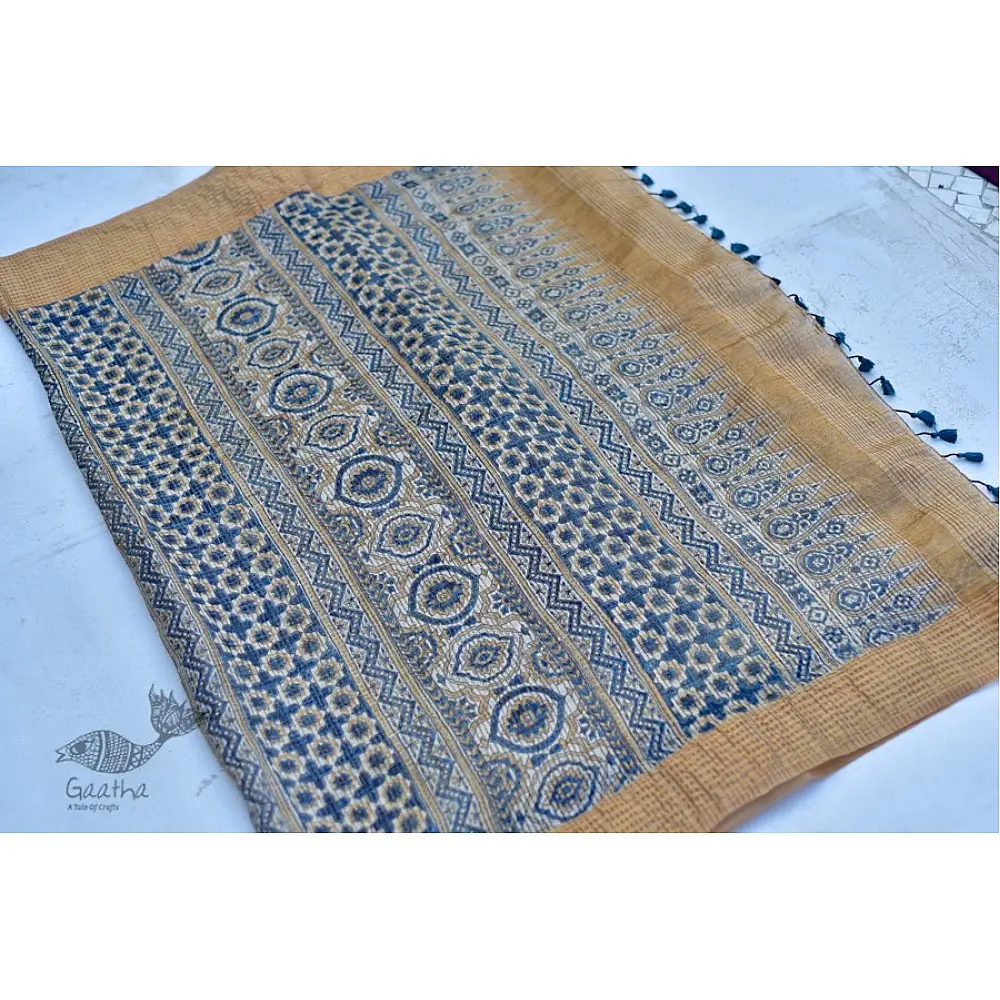 Organza ajrakh printed saree with zari border