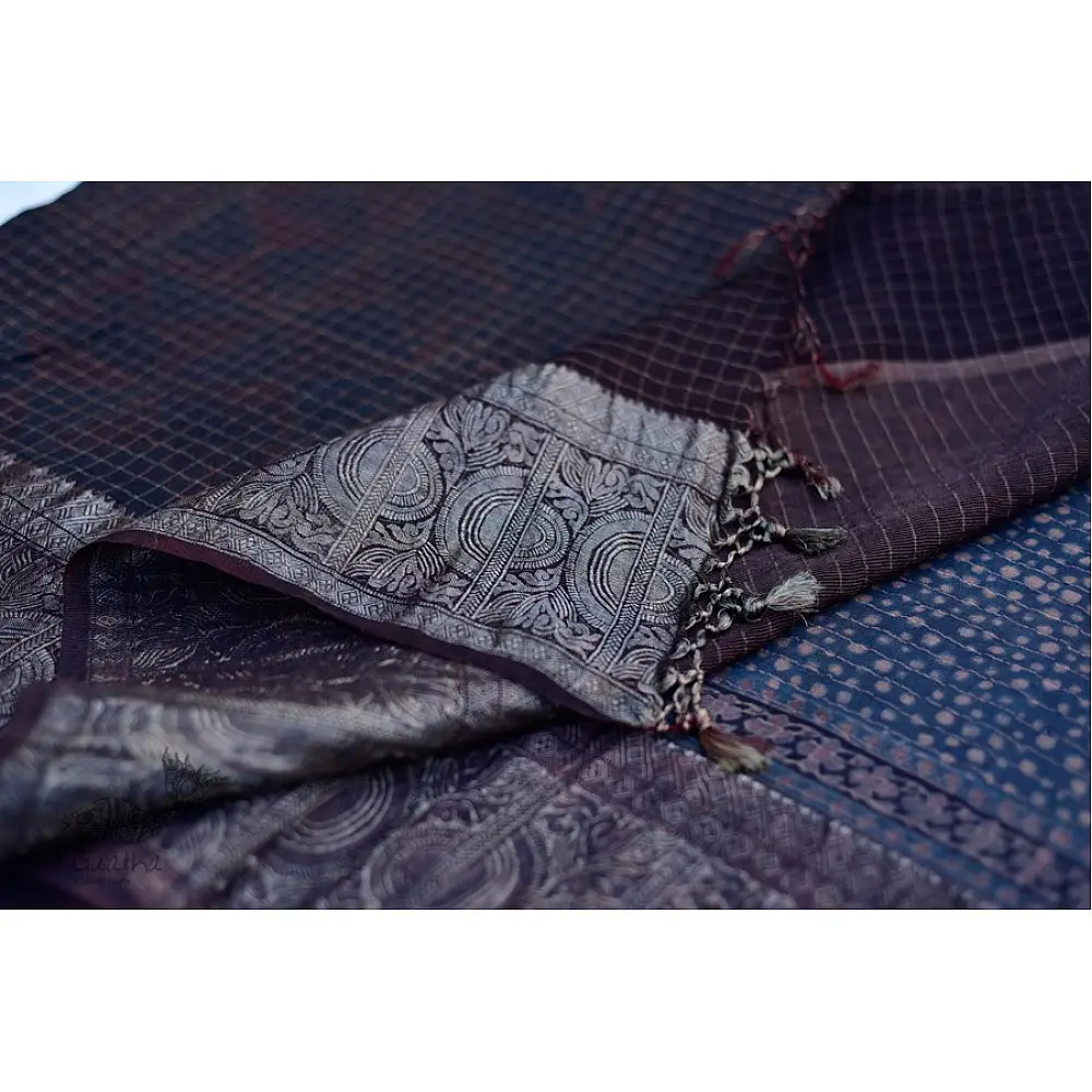 Organza ajrakh printed saree with zari border