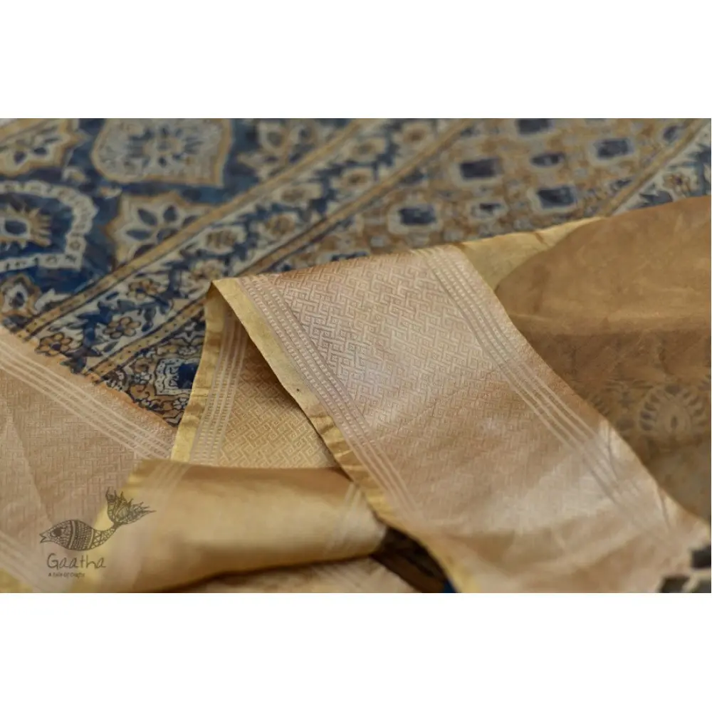 Organza ajrakh printed saree with zari border