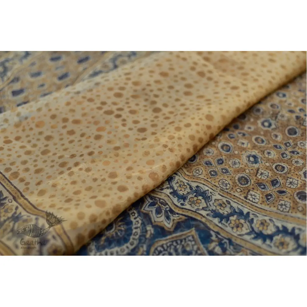 Organza ajrakh printed saree with zari border