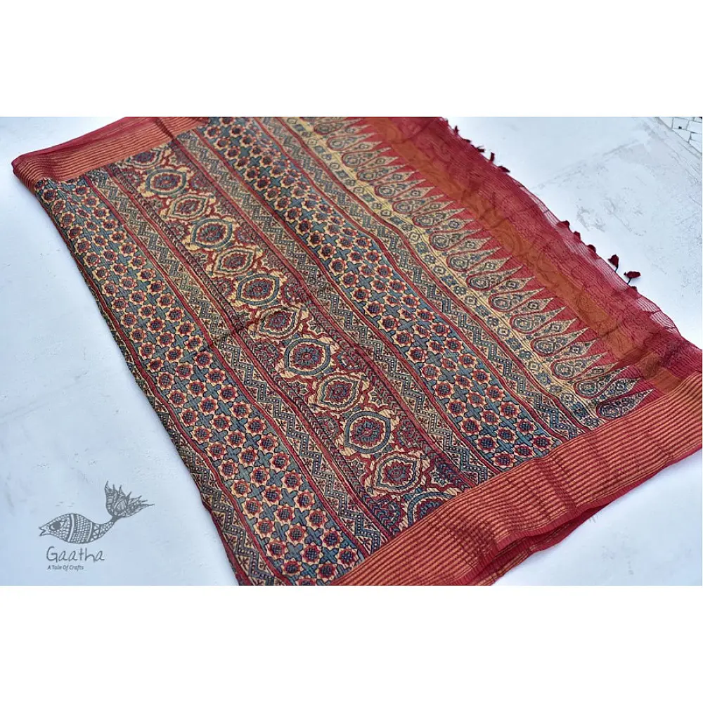 Organza ajrakh printed saree with zari border
