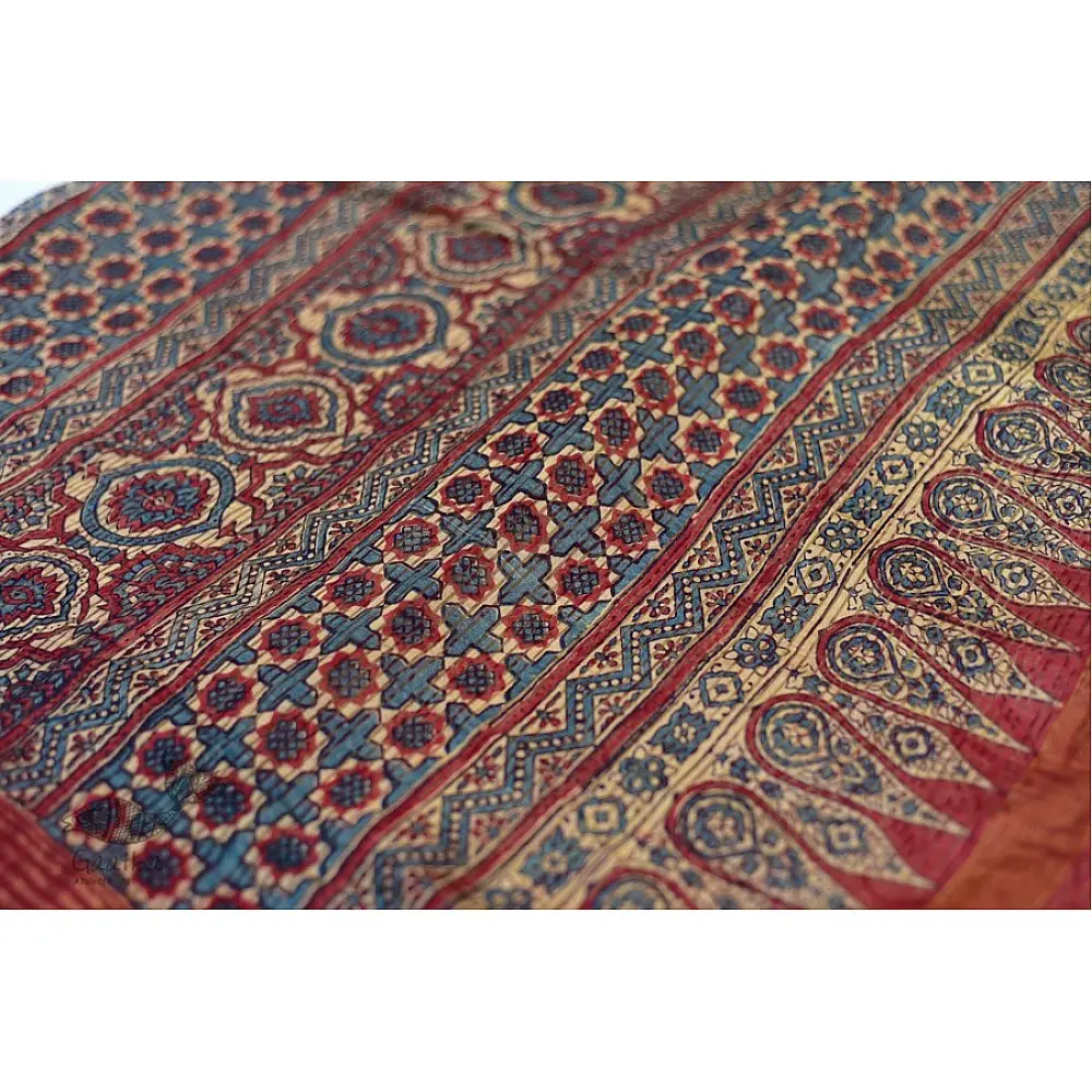 Organza ajrakh printed saree with zari border