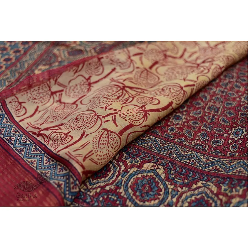 Organza ajrakh printed saree with zari border