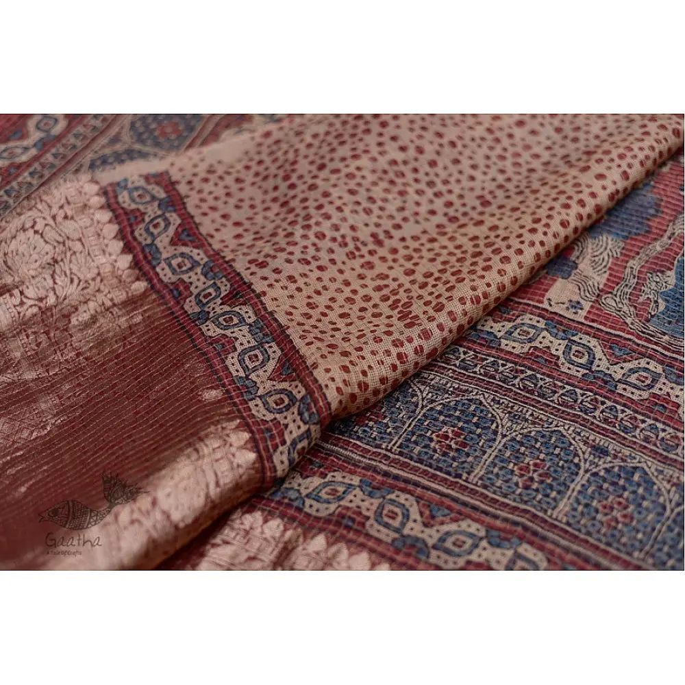 Organza ajrakh printed saree with zari border