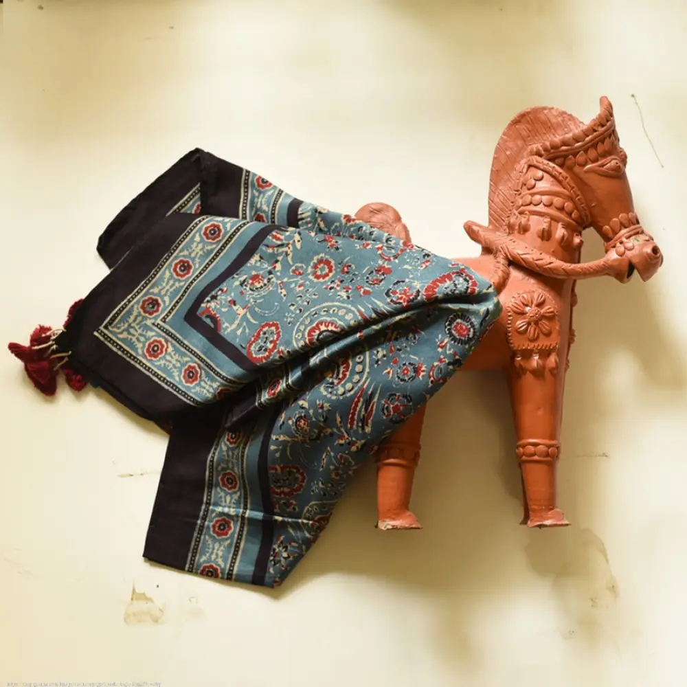teal indigo ajrakh cotton square scarf red cream floral jaal vine block print hand block printed natural dyed scarf tassels