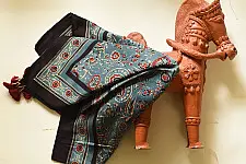 Neelanjana . नीलांजना ~ Square Ajrakh Silk Scarf - Flower Motif