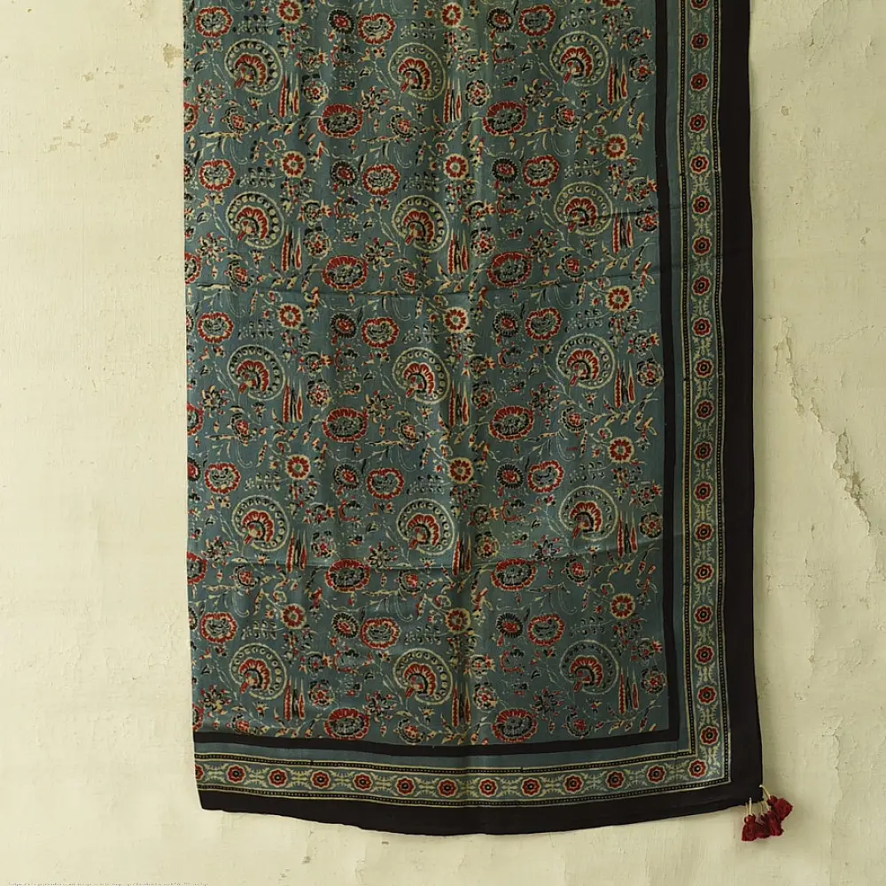 teal indigo ajrakh cotton square scarf red cream floral jaal vine block print hand block printed natural dyed scarf tassels